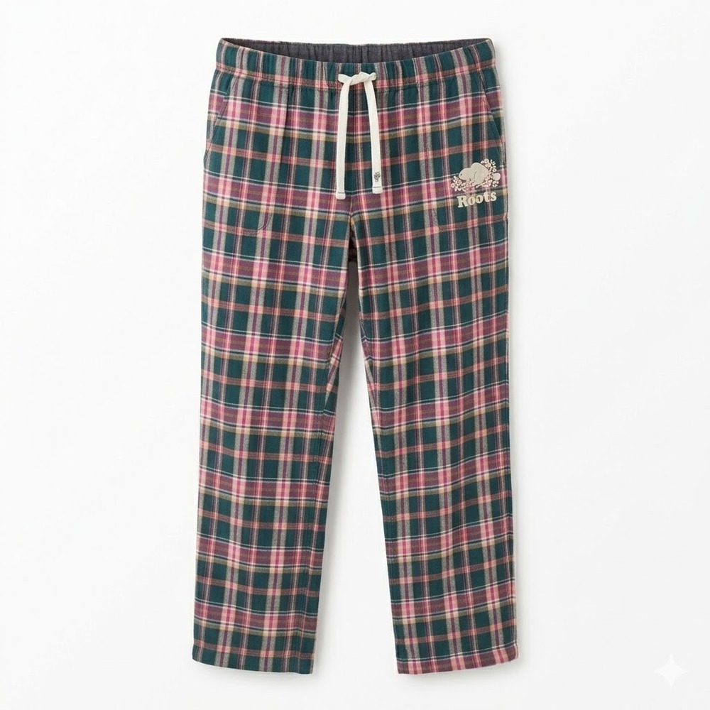 Roots Canada Mens LARGE Green Plaid Cotton Lounge Pajama Pants Drawstring Logo